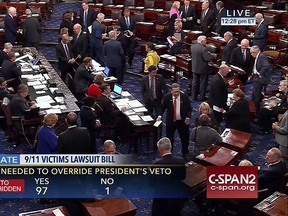 This frame grab from video provided by C-SPAN2, shows the floor of the Senate on Capitol Hill in Washington, Wednesday, Sept. 28, 2016, as the Senate acted decisively to override U.S. President Barack Obama's veto of Sept. 11 legislation. (C-SPAN2 via AP)