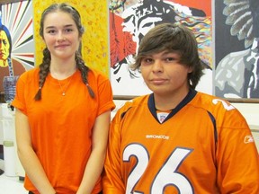 Sarah Cardinal, Grade 10, and Darryl Brooks, Grade 12, participate in Orange Shirt Day at Great Lakes Secondary School on Wednesday September 28, 2016 in Sarnia, Ont. The day recognizes the experiences of former students of residential schools. (Paul Morden/Sarnia Observer/Postmedia Network)
