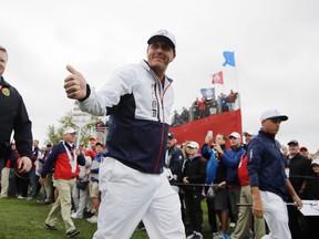 United States' Phil Mickelson gives a thumbs up as he walks to the third hole during a practice round for the Ryder Cup at Hazeltine National Golf Club in Chaska, Minn., on Wednesday, Sept. 28, 2016. (Charlie Riedel/AP Photo)