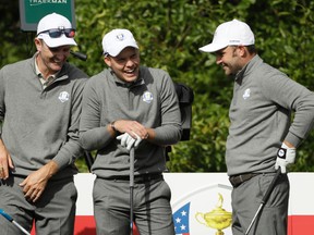 From left to right, Europe's Justin Rose, Danny Willett and Andy Sullivan have some fun on the 10th tee during a practice round for the Ryder Cup at Hazeltine National Golf Club in Chaska, Minn., on Wednesday, Sept. 28, 2016. (David J. Phillip/AP Photo)