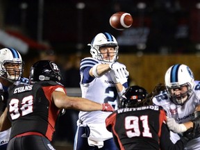 Toronto Argonauts quarterback Drew Willy (centre) had a solid second-half debut despite a loss in Ottawa last Friday night. (The Canadian Press)
