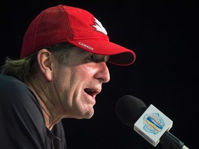 Team Canada head coach Mike Babcock speaks to the media ahead of Game 2 of the World Cup of Hockey final in Toronto on Sept. 28, 2016. (THE CANADIAN PRESS/Nathan Denette)