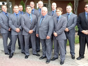 The Goderich Mine Rescue Team poses for a photo before attending the awards banquet. Pictured back row from left: Jeff Sowerby, Matt Vanden Heuval, Jim Ahrens, Chris Lammerant, Dennis Hogan and George Boutilier. Front row from left: Drew Anderson, Joel Pacquette, Aaron Duckworth, Drew Dalgleish and Jack Miller. SUBMITTED