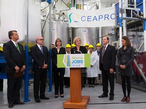 Premier Rachel Notley and Ceapro President and Chief Executive Officer, Gilles Gagnon (right) opening of the Ceapro facility which is the first program supported by Alberta Innovates’ Bio Solutions to reach full-scale commercial production. Taken on Wednesday, September 28, 2016 in Edmonton. Greg Southam / Postmedia