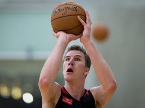 Toronto Raptors' centre Jakob Poeltl shoots during the NBA basketball team's opening day of training camp, in Burnaby, B.C., on Tuesday September 27, 2016. (THE CANADIAN PRESS/Darryl Dyck)
