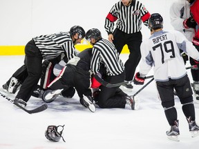 Patrick Sieloff got into a fight with Bobby Ryan after the hit to Clarke MacArthur at the annual Senators Fanfest at the Canadian Tire Centre on Sept. 25, 2016. (Ashley Fraser/Postmedia)