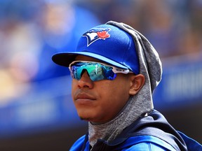 Marcus Stroman of the Toronto Blue Jays looks on from the dugout prior to a game against the New York Yankees on Sept. 25, 2016 at Rogers Centre in Toronto. (Vaughn Ridley/Getty Images)