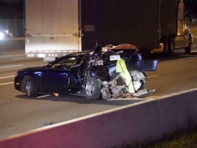 One woman was killed and another person was taken to hospital following a crash on Hwy. 401 near Hwy. 401 around 12:30 a.m. on Sept. 29, 2016. (Victor Biro/Special to the Toronto Sun)