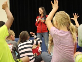 Lanni Marchant answers questions from Caradoc North Public School students during a visit she made to the local school on Wednesday, Sept. 28. JONATHAN JUHA/ STRATHROY AGE DISPATCH/ POSTMEDIA NETWORK