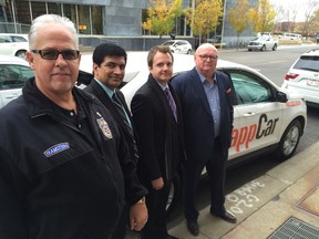 From left: Teamster president Stan Hennessy, TappCar driver Balraj Manhas, TappCar spokesman Pascal Ryffel and Teamster Local 987 secretary treasurer David Froelich.