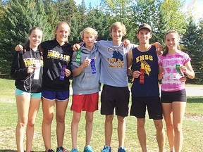 A handful of ENSS XC runners show off their ribbons following a strong competition by the Blue Dragons team at the annual Dave Watson Memorial meet held this week north of Port Hope. (Submitted photo)