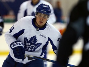 Auston Matthews chases the puck during Leafs training camp at the Mastercard Centre on Sept. 29, 2016. (Dave Abel/Toronto Sun)