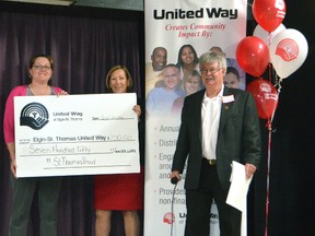 St. Thomas Mayor Heather Jackson, left, and Cindy Hastings of the St. Thomas Economic Development Corporation give the first contribution to the United Way of Elgin-St. Thomas fall campaign. The agency kicked off its annual drive Thursday afternoon at the Talbot Teen Centre and is hoping to raise $485,000 in the coming months.