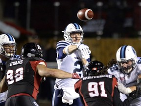 Toronto Argonauts quarterback Drew Willy throws the ball against the Ottawa Redblacks during second half CFL action on Friday, Sept. 23, 2016 in Ottawa. (THE CANADIAN PRESS/Justin Tang)