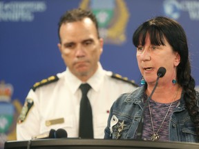 Arlene Last-Kolb, whose 24-year-old son died from a drug overdose, speaks during a media briefing, regarding the recent seizure of almost 1,500 doses of a synthetic drug that is 100 times more powerful than fentanyl. (Chris Procaylo/Winnipeg Sun)