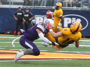 Queen's Golden Gaels receiver Matteo Del Brocco gets hit while attempting to catch the ball during an OUA football game against the Western Mustangs at Richardson Stadium on Sept. 17. Del Brocco thinks the Gaels offence is starting to get better. (Steph Crosier/The Whig-Standard)