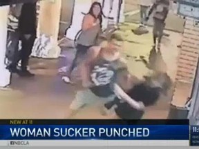 A man sucker-punches a woman outside a Venice, California market. (Handout photo)