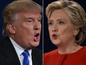 In this Combination of pictures taken on September 26, 2016, Republican nominee Donald Trump and Democratic nominee Hillary Clinton face off during the first presidential debate at Hofstra University in Hempstead, New York. / AFP / Paul J. Richards (Photo credit should read PAUL J. RICHARDS/AFP/Getty Images)