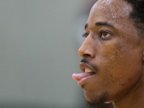 Toronto Raptors guard DeMar DeRozan shoots during the NBA basketball team's opening day of training camp, in Burnaby, B.C., on Sept. 27, 2016. (THE CANADIAN PRESS/Darryl Dyck)