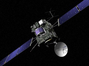 The artist impression provided on the website of the European Space Agency ESA on Sept. 29, 2016 shows ESA's Rosetta cometary probe. The spacecraft will be crash landed on Comet 67P/Churyumov-Gerasimenko Sept. 30, 2016. (J. Huart/ESA via AP)