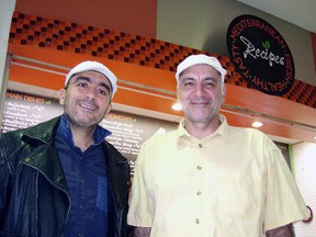 Bilal Khalife, left, and business partner Hassan Chirry in front of Recipes, a new eatery opened at Elgin Mall.