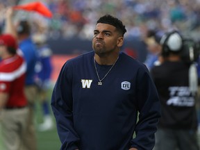 Injured Winnipeg Blue Bombers RB Andrew Harris will be on the sidelines again on Friday night. (Kevin King/Winnipeg Sun file photo)