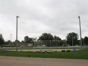 The softball diamond by the racetrack will have improved light level, the fences moved back and a sports clay surface. (Justine Alkema/Clinton News Record)