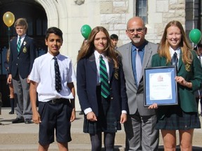 Submitted photo
Student representatives from the junior, middle and senior schools receive a certificate from Mayor Taso Christopher during Albert College’s 160th anniversary kick off ceremony held earlier this week.