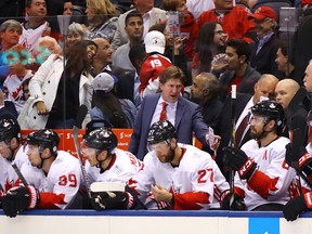 Mike Babcock head coach of Team Canada reacts against Team Europe during the third period during Game Two of the World Cup of Hockey final series at the Air Canada Centre on September 29, 2016 in Toronto, Canada. (Photo by Bruce Bennett/Getty Images)