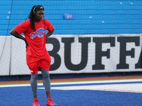 Buffalo Bills wide receiver Sammy Watkins warms up before an NFL football game against the New York Jets in Orchard Park, N.Y. Watkins, hampered by foot soreness in recent weeks, is unlikely to play against the Arizona Cardinals on Sunday. (AP Photo/Bill Wippert, File)