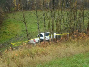 Were it not for the quick thinking of a passing semi-truck driver, this pickup and its injured driver might have gone unnoticed, just off Highway 663 near Caslan, Alta. Sept. 29. Supplied.