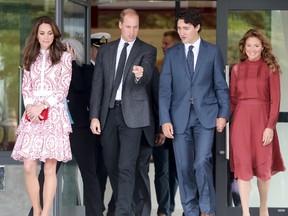 Chris Jackson/Getty Images
Catherine, Duchess of Cambridge, Prince William, Duke of Cambridge, Prime Minister Justin Trudeau and his wife, Sophie Gregoire-Trudeau, leave the Immigrant Services Society, a charitable organization that provides targeted programs for refugees, women, children and youth, during their Royal Tour of Canada on Sunday in Vancouver.