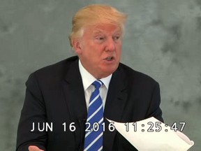 In this image from video provided via CBS News, Donald Trump speaks during a videotaped deposition on June 16, 2016. In the newly released videotaped deposition, Trump says his presidential run could boost business at his hotels and increase the value of his personal brand. (CBS News via AP)