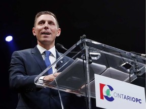 Ontario Progressive Conservative Leader Patrick Brown delivers a speech at the Ontario Progressive Conservative convention in Ottawa on Saturday, March 5, 2016. 'Never again,' Brown vowed, 'will our candidates and volunteers have to defend faith-based funding or 100,000 job cuts at the front doors of Ontario’s voters.' FRED CHARTRAND / THE CANADIAN PRESS
