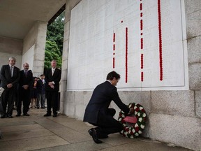 Canadian Prime Minister Justin Trudeau lays a wreath at the Sai Wan War Cemetery during his visit to Hong Kong on September 6, 2016. Trudeau is here on a two-day visit following his participation in the G20 Summit in China. / AFP PHOTO / ANTHONY WALLACEANTHONY WALLACE/AFP/Getty Images
