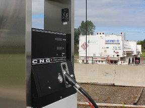 A planned natural gas "station" on Hwy 59 will provide compressed natural gas for vehicles of all types. There's a temporary station already in place, which works just like a gasoline station. Customers swipe a card, and then use the nozzle to "fill up" their vehicles with compressed natural gas. (MEGAN STACEY/Sentinel-Review)