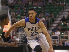 Philadelphia 76ers' Ben Simmons dribbles downcourt during an NBA Summer League basketball game against the San Antonio Spurs in Salt Lake City. (AP Photo/Kim Raff)
