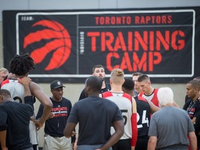 Toronto Raptors head coach Dwane Casey speaks to players during the team's opening day of training camp, in Burnaby, B.C., on Sept. 27, 2016. (THE CANADIAN PRESS/Darryl Dyck)