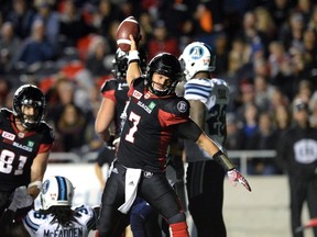 Ottawa Redblacks quarterback Trevor Harris spikes the ball after scoring a touchdown against the Toronto Argonauts on Sept. 23, 2016 in Ottawa. (THE CANADIAN PRESS/Justin Tang)