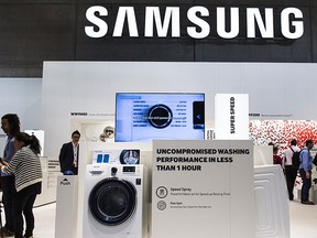 A washing machine is featured at the home appliances section at the booth of South Korean electronics giant Samsung ahead of the opening of the 55th IFA (Internationale Funkausstellung) electronics trade fair in Berlin on Sept. 3, 2015.     (JOHN MACDOUGALL/AFP/Getty Images)