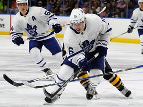 Toronto Maple Leafs centre Mitch Marner skates during the first period of a pre-season game against the Buffalo Sabres on Sept. 30, 2016, in Buffalo,. (AP Photo/Jeffrey T. Barnes)
