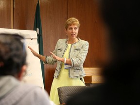 John Lappa/Sudbury Star
Nickel Belt MPP France Gelinas participates in a session at Women in Government Day at Tom Davies Square on Friday.