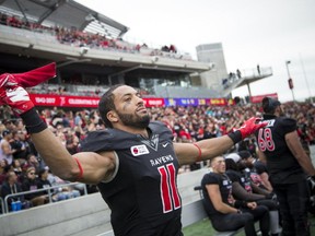 Carleton Ravens Nate Behar celebrates the win of the 48th Panda Game against the Ottawa Gee-Gees at TD Place Saturday October 1, 2016. (Ashley Fraser/Postmedia)
