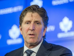 Mike Babcock, head coach of the Toronto Maple Leafs, addresses media during the Leafs locker clean out at the Air Canada Centre in Toronto, Ont. on Sunday April 10, 2016. (Ernest Doroszuk/Toronto Sun/Postmedia Network)