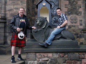 Rowdy Roddy Piper and his son, Colt Baird Toombs, get back to their roots outside Edinburgh Castle. (Handout)