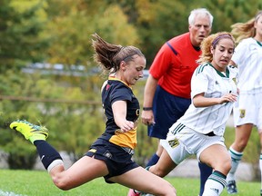 Sarah Cholewinsky of the Cambrian College women's soccer team kicks the ball during OCAA soccer action against Durham College in Sudbury, Ont. on Sunday October 2, 2016. Gino Donato/Sudbury Star/Postmedia Network