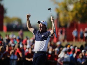 United States’ Brandt Snedeker reacts on the 16th hole during a singles match at the Ryder Cup at Hazeltine National Golf Club in Chaska, Minn., on Sunday, Oct. 2, 2016. (Charlie Riedel/AP Photo)