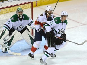 Florida Panthers Jaromir Jagr gets in between Dallas Stars defenceman Patrik Nemeth and goaltender Maxime Lagace during an NHL preseason game at the Budweiser Gardens in London, Ontario on Sunday Oct 2, 2016. (MORRIS LAMONT, The London Free Press)