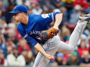 Blue Jays starter Aaron Sanchez delivers to the plate during second inning MLB action against the Red Sox in Boston on Sunday, Oct. 2, 2016. (Michael Dwyer/AP Photo)