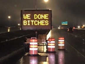 A sign celebrating the opening of the last leg of Edmonton's Anthony Henday Drive ring road caused a stir on social media over the weekend. (Supplied)